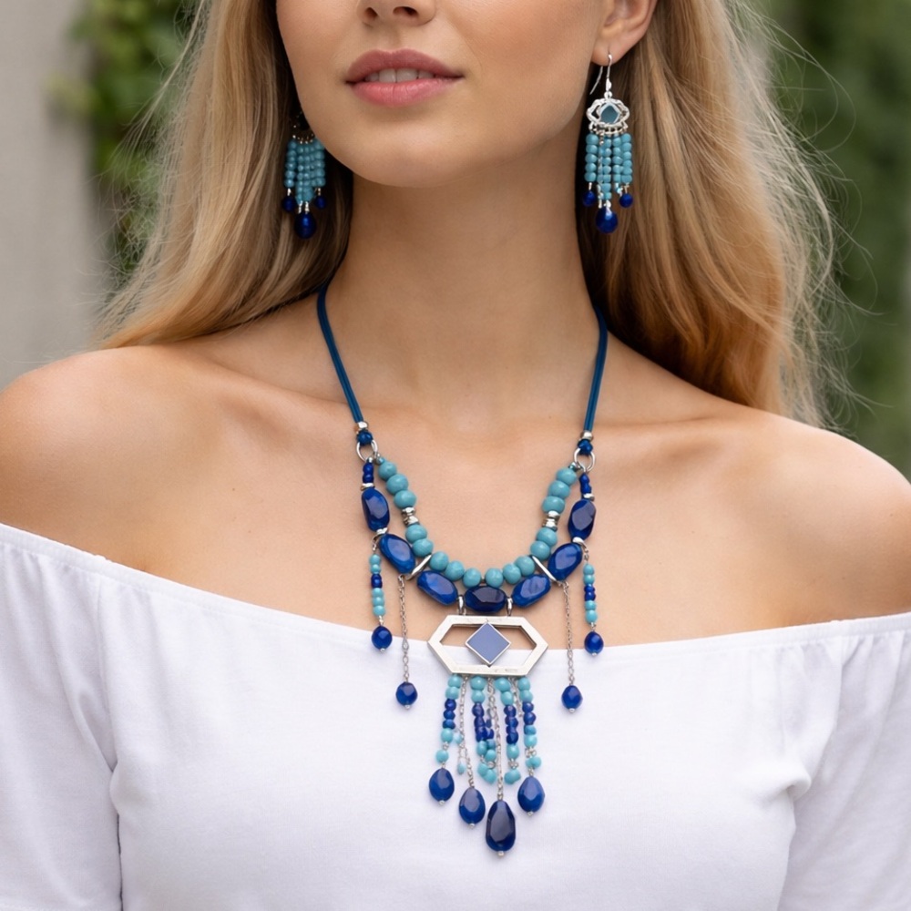 Blue Turquoise Style Statement Necklace & Earrings Set (BR1212/1)